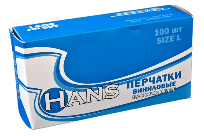 Перчатки виниловые неопудренные (100 шт.упак) ПРОЗРАЧНЫЕ HANS, XL 