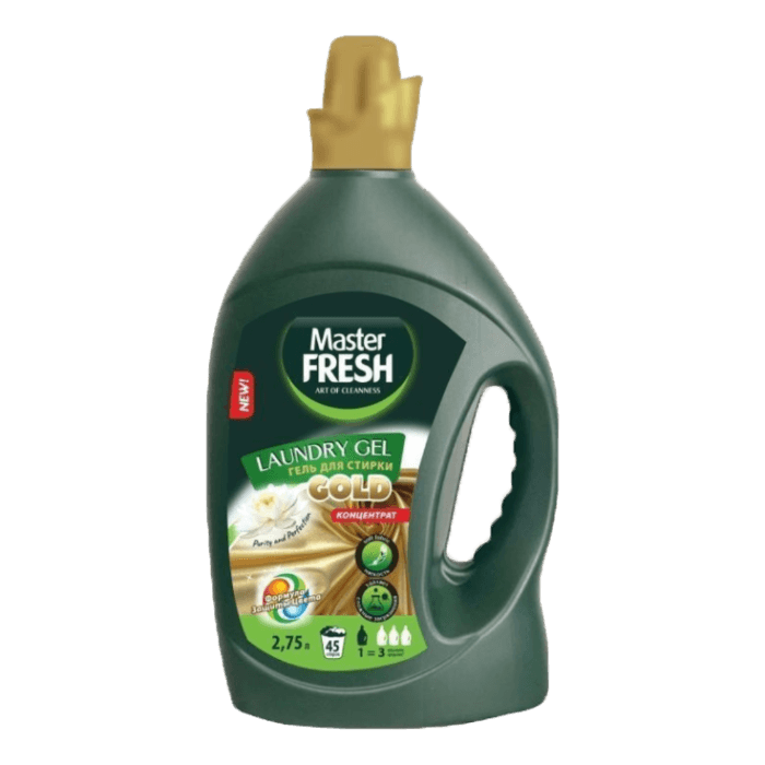Гель для стирки белья 2,75 л "Master FRESH" GOLD КОНЦЕНТРАТ 45 стирок, Формула защиты ткани "UNIVERSAL" Гель для стирки белья 2,75 л "Master FRESH" GOLD КОНЦЕНТРАТ 45 стирок, Формула защиты ткани "UNIVERSAL"